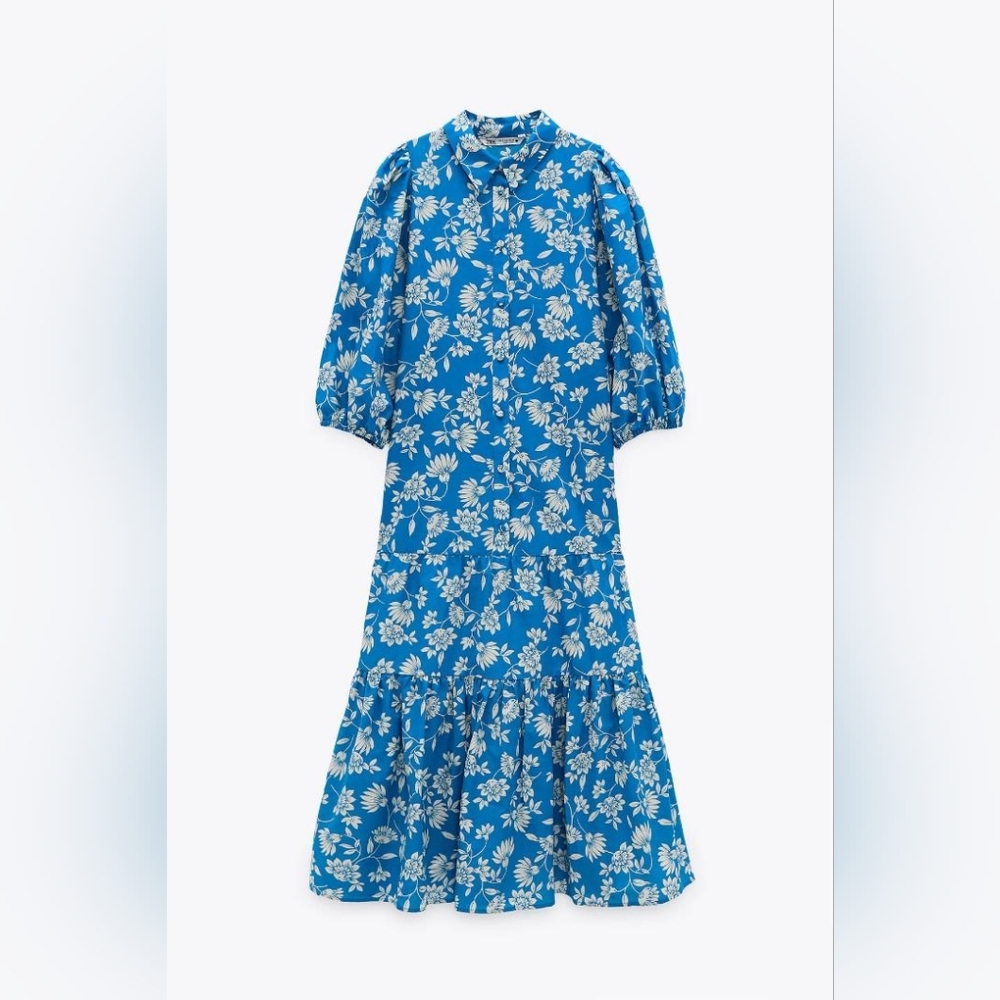Zara Blue and White Pleated Midi Dress with Puff Sleeves